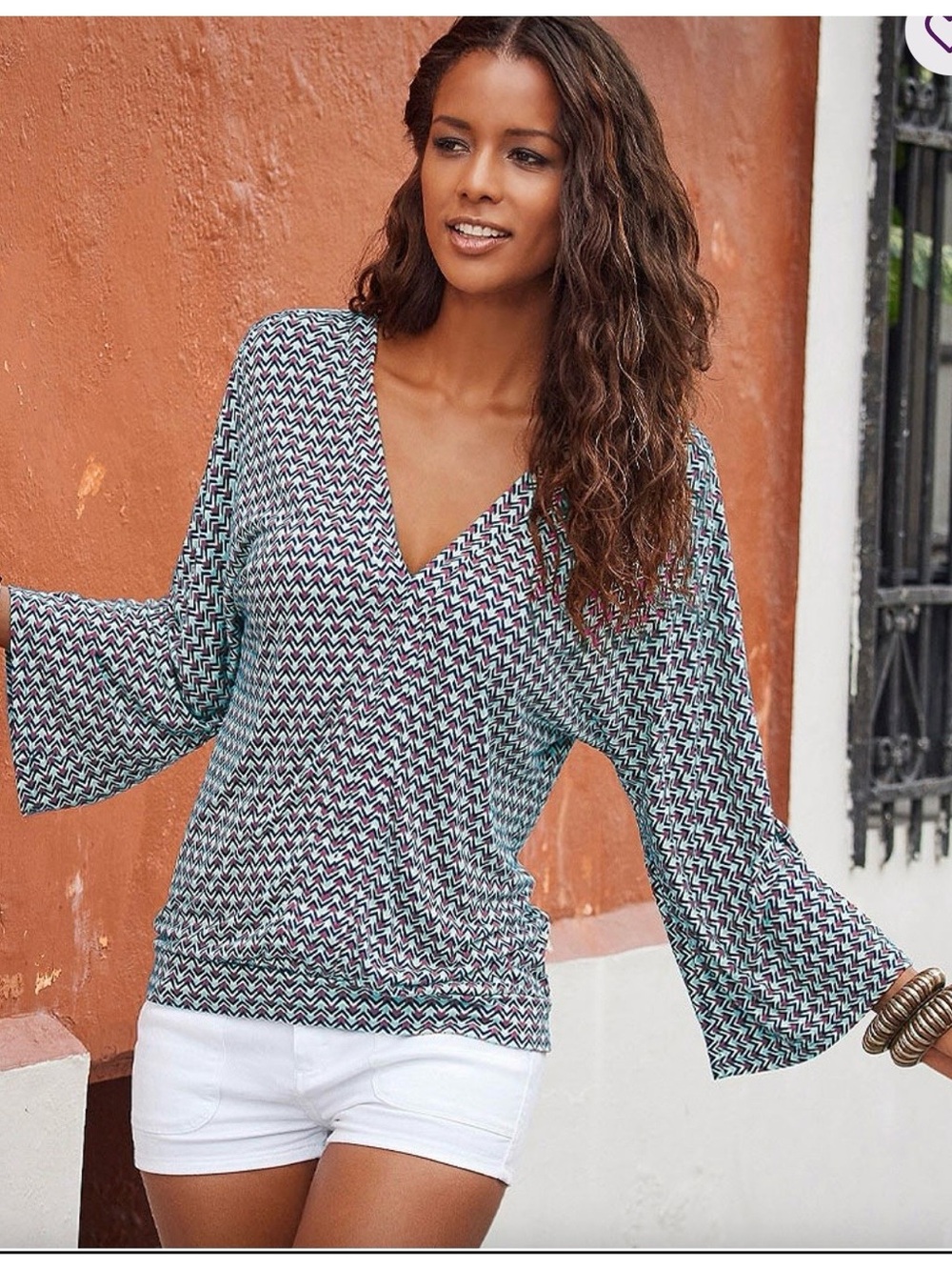 LASCANA V-Neck Chevron Print Bell Sleeve Top - Turquoise /Black